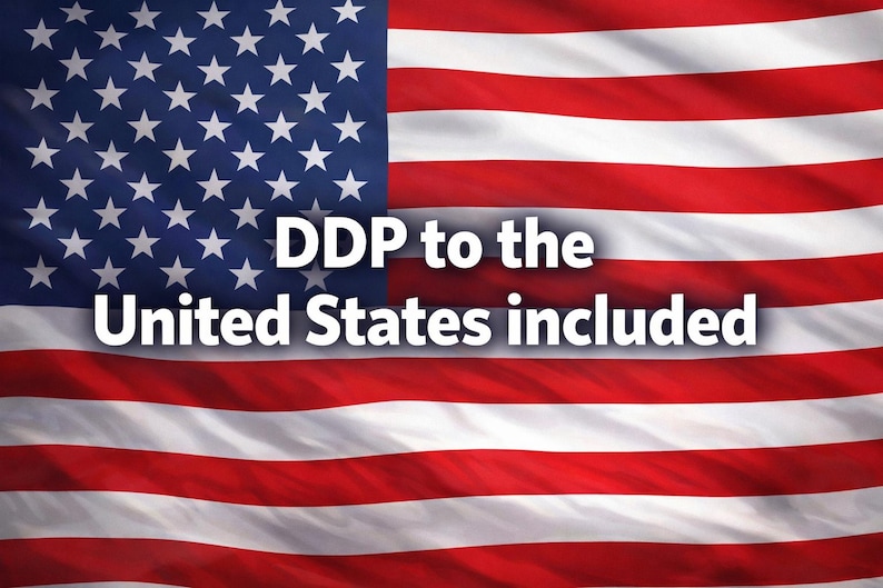 May include: Image of the American flag, featuring red and white stripes and a blue canton with white stars. Text overlay states "DDP to the United States included."