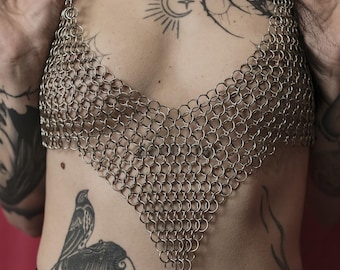 Top plateado de cota de malla artesanal | Traje medieval sexy de acero | Traje de cota de malla para festival