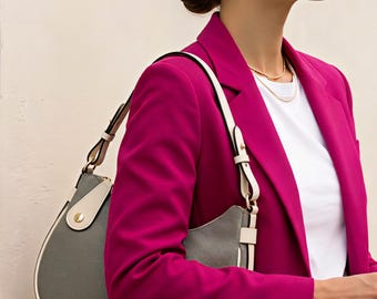 Grey Cream Genuine Leather Half Moon Bag, Italian Shoulder Bag