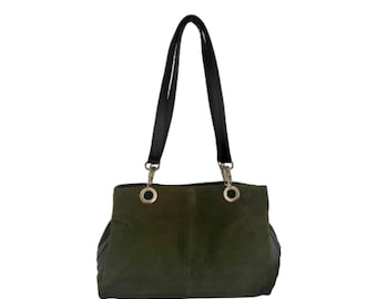 Olive Green Suede Shoulder Bag: Italian Leather Slouch Bag