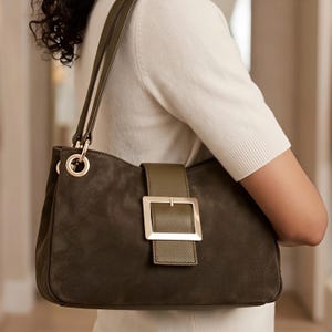 Olive Green Faux Suede Slouch Shoulder Bag with Rose-Gold Buckle