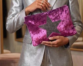 Pink Velvet Star Clutch Bag: Beaded Boho Evening Bag