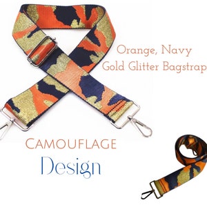 Könnte beinhalten: Orangefarbener, marineblauer und goldfarbener glitzernder Camouflage-Taschenriemen. Der Text "CAMOUFLAGE Design" ist im Bild sichtbar.