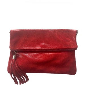 Red Foldover Clutch Bag, Boho Leather Red Clutch Bag, Red Bags, Red Leather Foldover Evening Bag, Red Clutch Bag, Red Leather Tassel Bag