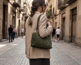 Olive Green Suede Shoulder Bag: Italian Leather Slouch Bag