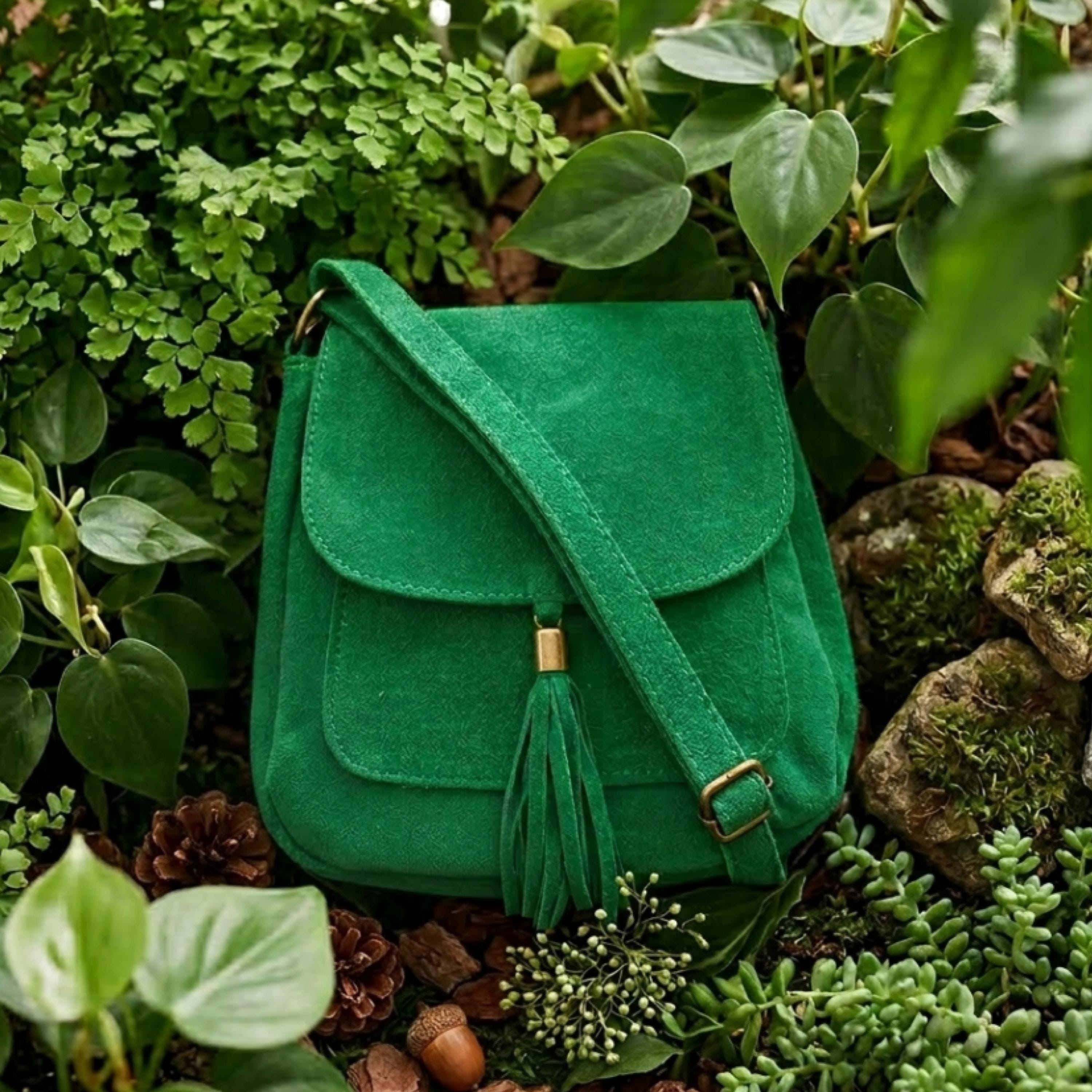 Emerald Green Suede Crossbody Bag with Tassel: Italian Made Boho Festival Style