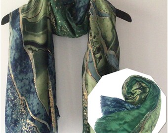 Green Blue Scarf / Green Marble Pattern Scarf / Green Blues Multicolour Scarf / Hippie Scarves / Festival Scarves /