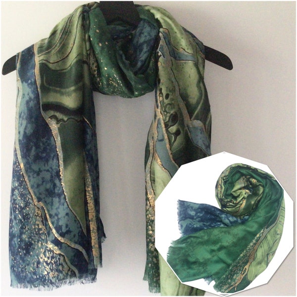 Green Blue Scarf / Green Marble Pattern Scarf / Green Blues Multicolour Scarf / Hippie Scarves / Festival Scarves /