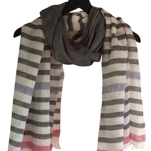Stripes Eco Linen Scarf, Nautical Linen Scarf, Charcoal Coral White Linen Scarf, 100% Linen Scarf , Lightweight Linen Scarf,  Eco Linen Gift
