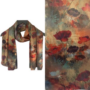 Poppies Artistic Silk Scarf, Silk Gold Rust Scarf, Poppies Scarf, Silk Scarves, Artistic Design Silk Scarf,  Reversible Scarf, Red Poppies