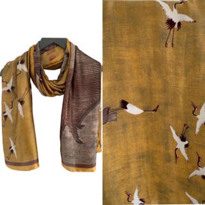 Artistic Japanese Cranes Silk Scarf, Silk Gold Brown Scarf, Crane Birds Scarf, Silk Scarves, Artistic Design Silk Scarf, Gold Scarves