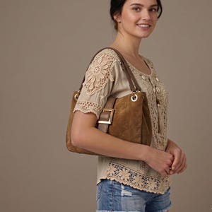 Brown Faux Suede Slouch Shoulder Bag with Rose-Gold Buckle
