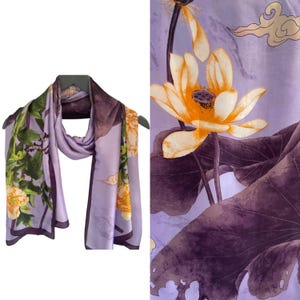 Silk Blend Scarf, Silk Multicolour Scarf, Floral Design Scarf,  Purple Orange Floral Design Scarf, Purple Scarves, Artistic design scarf