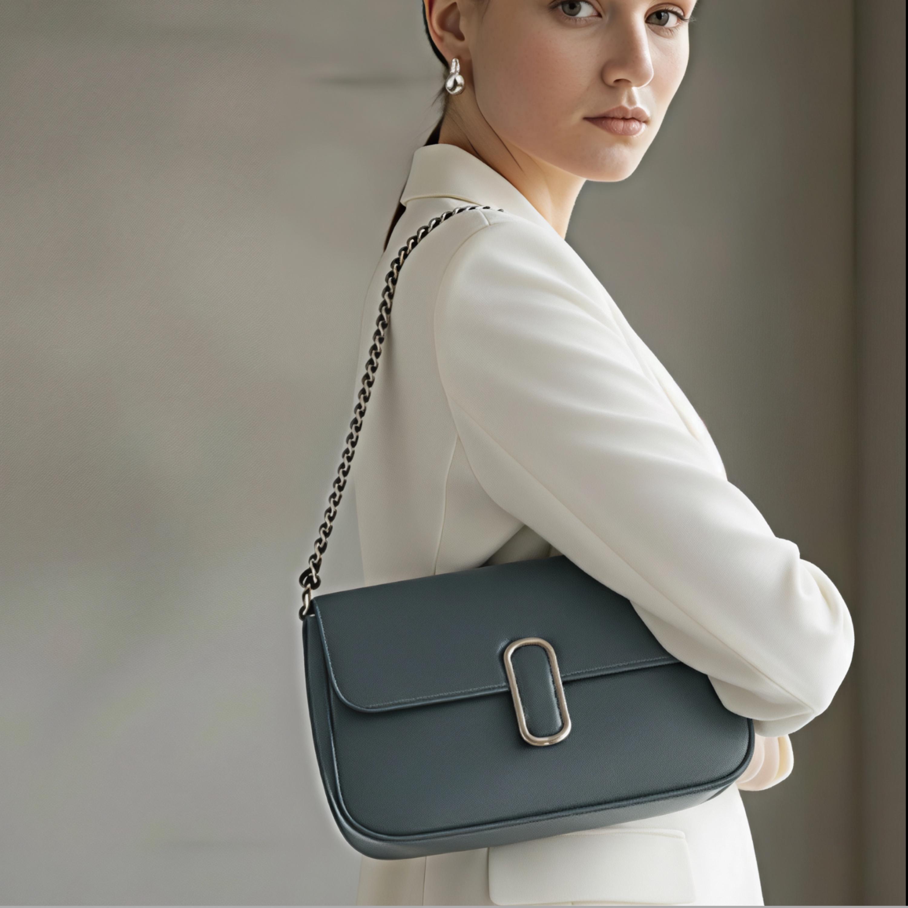 Slate Blue Vegan Shoulder Bag With Silver Buckle and Chain Detail