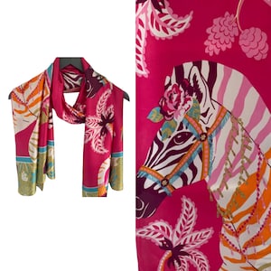 Pink Scarf, Cerise Silk Blend Scarf, Silk Multicolour Scarf, Scarves, Contemporary Horse Scarf, Retro Green Pink Purple Scarf, Pink Scarves