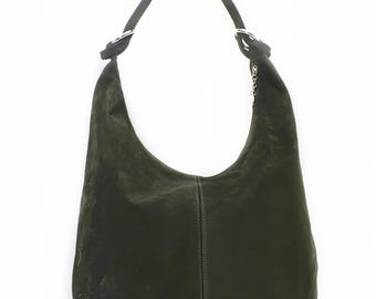 Dark Olive Green Suede Hobo Bag, Italian Leather Rings