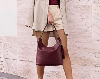 Burgundy Red Leather Hobo Bag:Italian Leather Crossbody