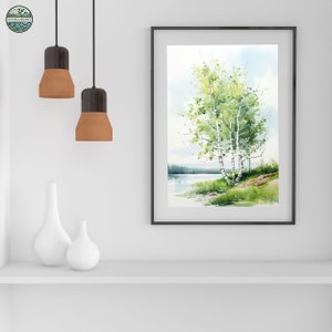 Serenidad junto al lago - Acuarela de abedul tranquilo / Descarga digital / Póster imprimible /