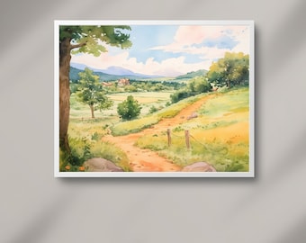 Pastoral Peach Fuzz - Watercolor American Countryside - Idyllic Landscape Art