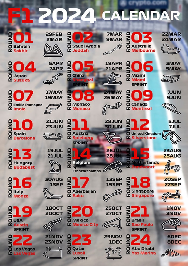 2024 Season Formula 1 Race Calendar A2 A3 A4 F1 Schedule Poster Etsy