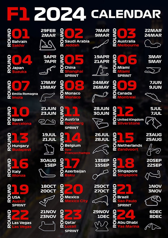 2024 Season Formula 1 Race Calendar A2 A3 A4 F1 Schedule Poster Etsy
