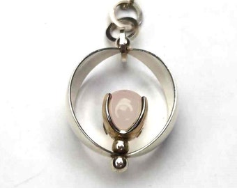 Elis Kauppi Kupittaan Kulta necklace Finland sterling silver vtg pendant Finnish design mcm Nordic chain Rose Quartz