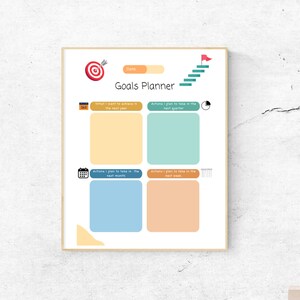 Op de afbeelding: Een printbare doelplanner met een doelwit, een trap en een kalender. De planner is verdeeld in vier secties: "Wat ik in het komende jaar wil bereiken", "Acties die ik van plan ben om in het volgende kwartaal te ondernemen", "Acties die ik van plan ben om in de volgende maand te ondernemen", en "Acties die ik van plan ben om in de volgende week te ondernemen".