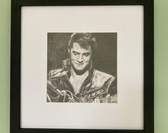 Elvis Presley - Originele grafietpotloodtekening gemonteerd in een vierkant frame van 30 x 30 cm. Het echte werk, GEEN PRINT!
