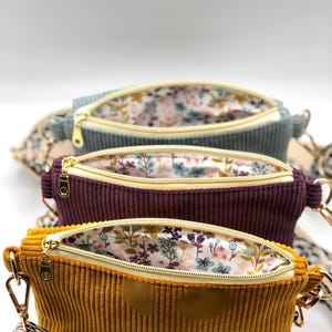 Praktische Handtasche aus Cord in mintgrün / lila / ocker-gelb / Tasche zum umhängen/ Crossbag aus Cord / Handytasche Blumenmuster
