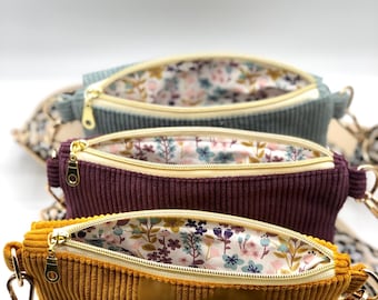 Practical handbag made of corduroy in mint green / purple / ochre-yellow / bag to wear over the shoulder / cross-bag made of corduroy / mobile phone pocket with floral pattern