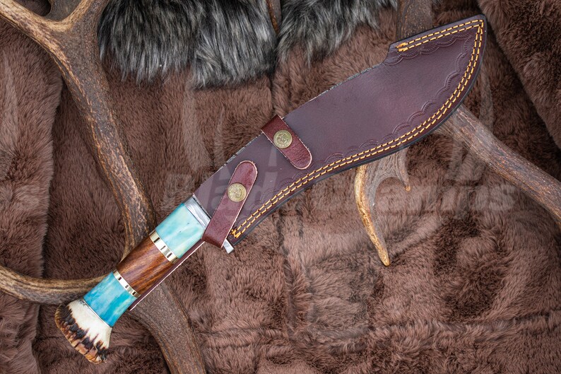 Handmade Damascus Bowie With Ladder Pattern, Sky Colour Bone/wood/ Horn
