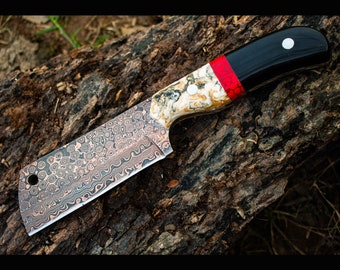 Cuchillo de cuchilla hecho a mano, patrón de gota de lluvia de acero de Damasco, grabado en cobre, herramienta de cocina, herramienta de chef, el mejor regalo para chef, con cubierta de cuero