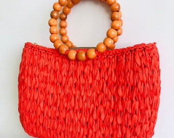 Boho Raffia Strandtasche,Handgemachtes Geschenk für Mutter,Stroh Strandbeutel mit Holzperlen,Benutzerdefinierte Multicolor Raffia Strandtasche,Sommer Mode Accessoire