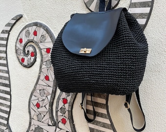 Crochet Backpack Purse, Faux Leather Flap, Handmade Raffia Rope Bag