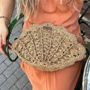 Crochet Raffia Oyster Shell Bag-Crossbody Bag-Knitted Straw Clutch Bag with Crochet Strap-Wedding Straw Purse for Women-Knitted Straw Purse