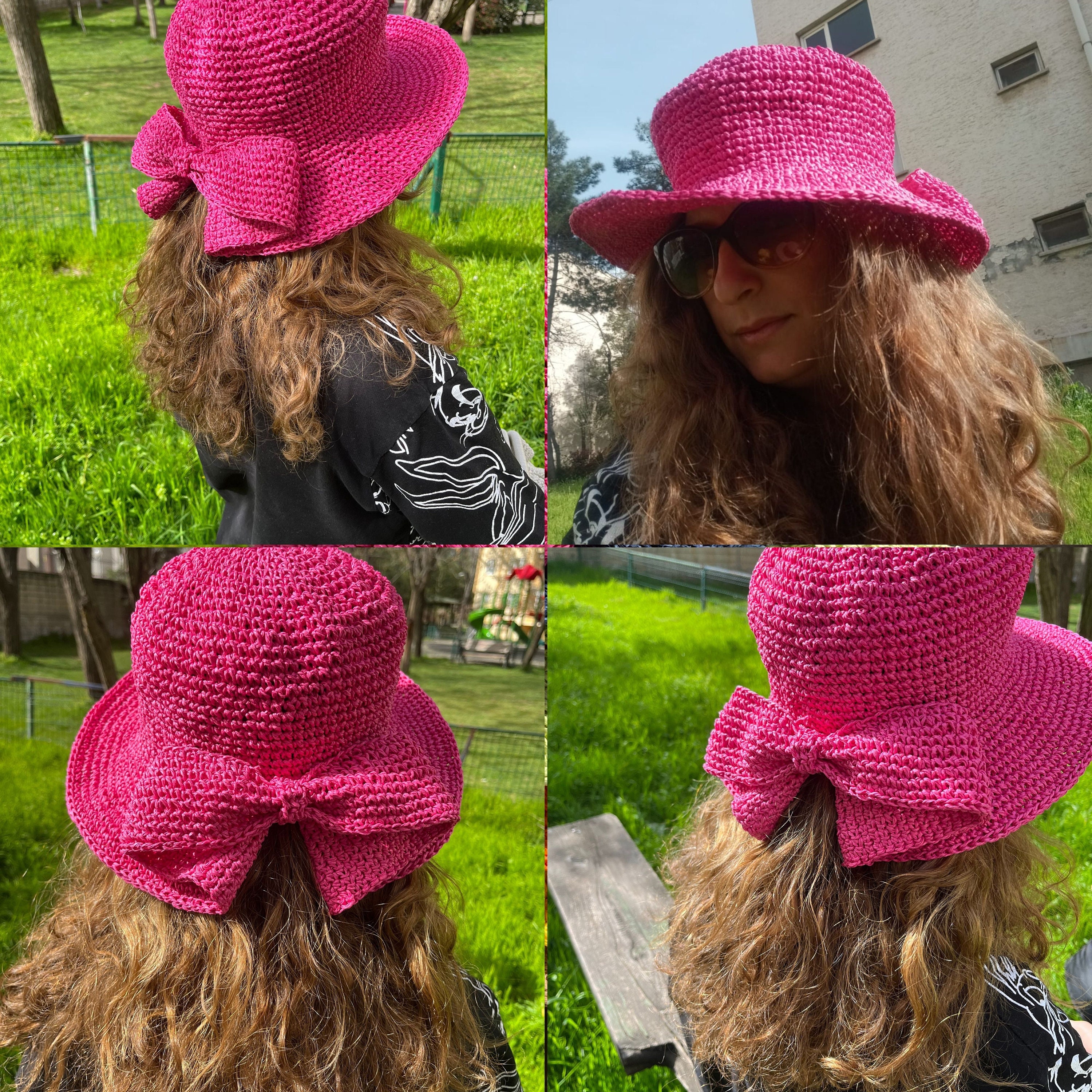 Pretty Persuasions Handmade Crochet Raffia Bow Tie Wide Brim Summer Sun Hat Handmade Crochet Raffia Hat, Straw Floppy Hat, Bow Hat  main image 3