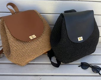 Women's Handmade Backpack - Chic Crochet Bag for Her- Ideal Gift for Summer Adventures-Black Knitted Backpack-Faux Leather Detailed Backpack