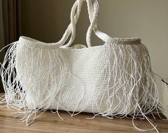 Mothers Day Gift Large Bag | Crochet Raffia Tote Bag | Large Straw Tassel Beach Bag | Shopping Bag | Boho Womens Woven Bag | White Straw Bag