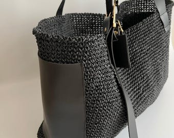 Boho Style Leather Handbag - Large Crochet Shoulder Bag  Gift For Him - Straw  Beach Bag- Unique Gift-Chirismas Gift- Handmade Bag-Women Bag