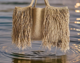 Boho Fringed Straw Bag - Large Shoulder Woven Beach Tote - Handmade Gift For Her - Holiday Shopping Bag -Crochet Raffia Bag