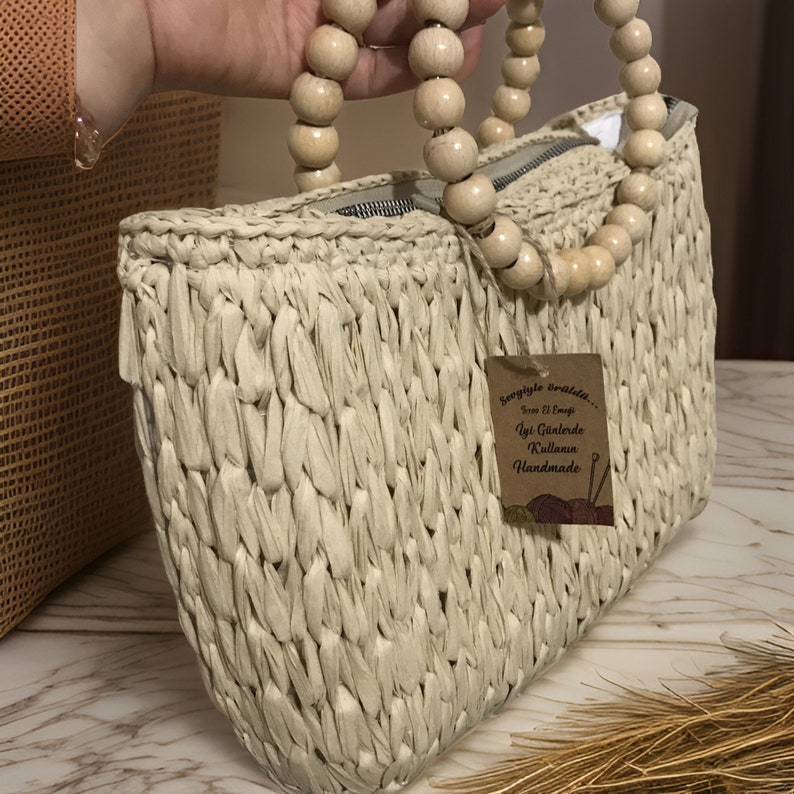 Wooden Beaded Plastic Canvas Bag, Bohemian Hic Straw Handmade Women Summer Oversize Handbag