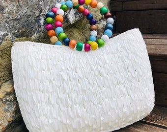 Raffia Strandtasche,Handgemachtes Geschenk für Mutter,Strandtasche aus Stroh mit Holzperlen,Benutzerdefinierte Multicolor Raffia Strandtasche,Sommer Mode Accessoire