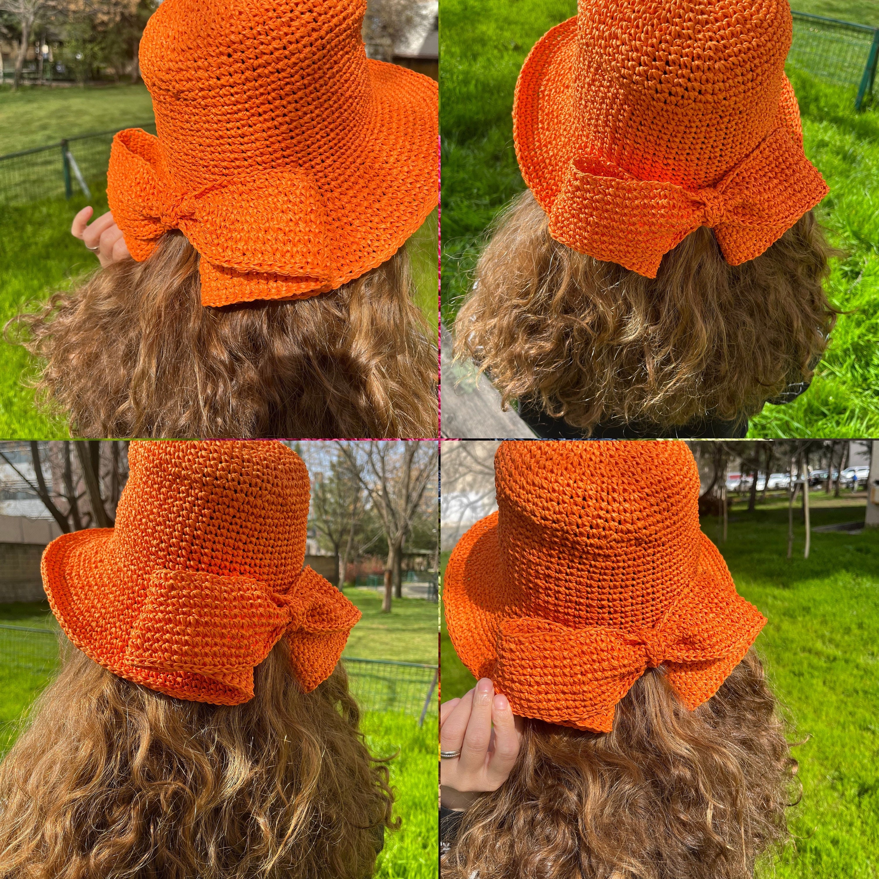 Pretty Persuasions Handmade Crochet Raffia Bow Tie Wide Brim Summer Sun Hat Handmade Crochet Raffia Hat, Straw Floppy Hat, Bow Hat  main image 4
