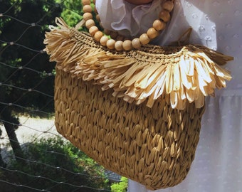 Bohemian Crochet Mother Day Gift,Tassel Multi Color Handmade Raffia Bag, Wooden Beaded Handle Summer Tote, Plastic Canvas Bag Fringed Straw
