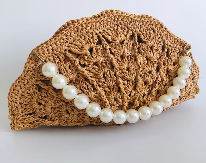 Handmade Raffia Oyster Shell Bag, Pearl Strap, Crochet Beach Purse