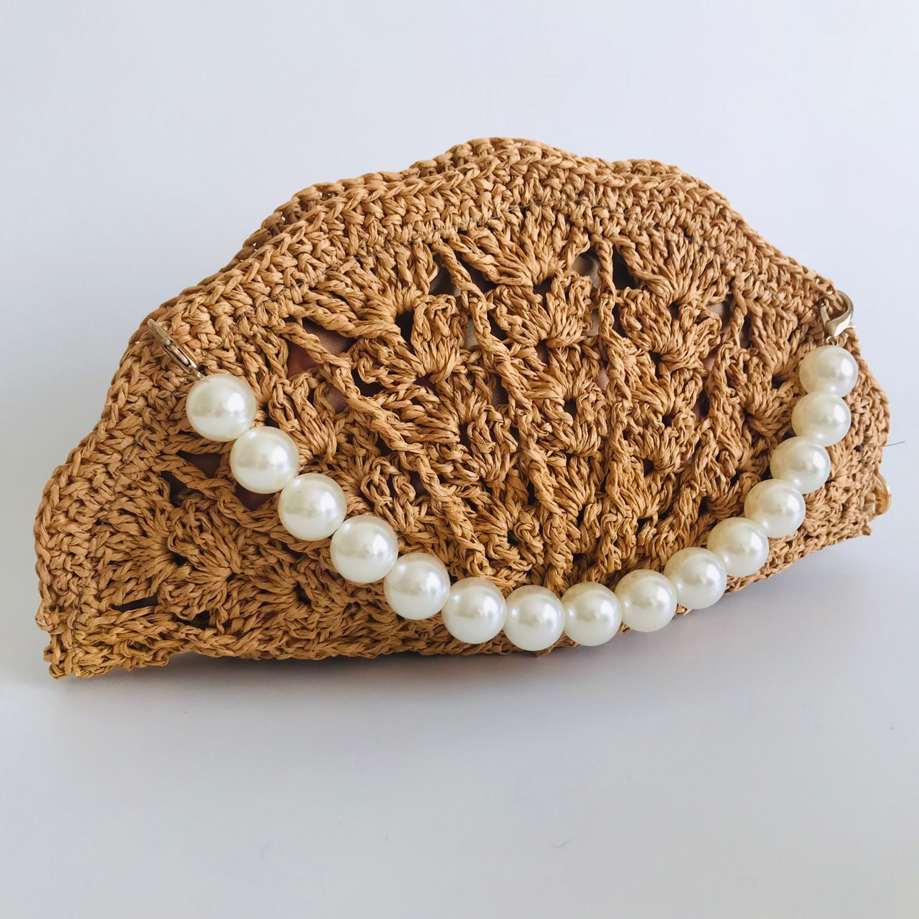Handmade Raffia Oyster Shell Bag, Pearl Strap, Crochet Beach Purse
