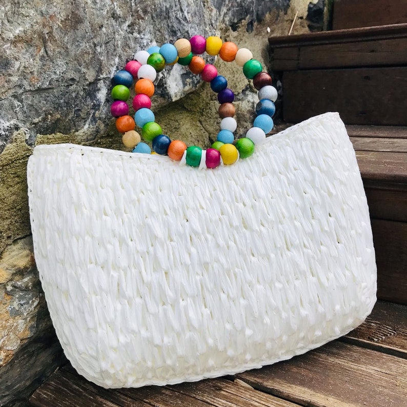 Wooden Beaded Plastic Canvas Bag, Bohemian Hic Straw Handmade Women Summer Oversize Handbag