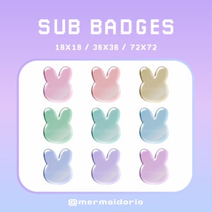 May include: Nine pastel colored bunny rabbit badges in three sizes: 18x18, 36x36, and 72x72. The badges are in shades of pink, green, blue, and yellow.