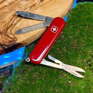 May include: A red Swiss Army knife with multiple tools, including a blade, nail file, and scissors. The knife is open, displaying the tools against a background of green moss and a wooden surface. The knife has a white cross logo.
