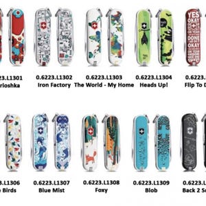 May include: Ten different pocket knives with various colourful designs. The designs include a Russian nesting doll, a factory, a world map, a green monster, a black and white design with the words "Yes, Okay, On Year, Done, An On, Okay, On Year, Nice On, Sweet" and "No, No Way, Nice Try, Nope, No Way", a design with colourful birds, a blue and white design with a dragon, a design with a fox, a blue design with a blob, and a black and white design with the words "Back 2 School".